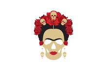 Portrait Of Mexican Catrina With Skulls And Red Flowers , Inspiration Santa Muerte In Mexico And Frida , Vector Illustration Isolated