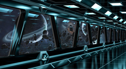 Wall Mural - spaceship corridor with view on distant planets system 3d rendering elements of this image furnished