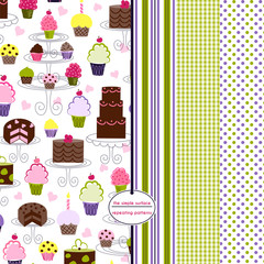 Wall Mural - Cake and cupcake seamless pattern set. Repeating patterns for gift wrap, baby shower, scrapbook paper and more. Bakery, stripe, gingham and polka dot print. Cute, sweet, simple.
