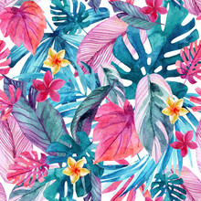 Watercolor Exotic Leaves And Flowers Background.