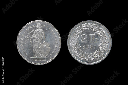 Fotografie, Obraz Swiss Confederation money coin 2 Francs isolated on black background, 1997 year
