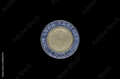 Poster Italian Lira coin bearing the portrait of Luca Pacioli (1447-1517), released by Italy in 1994 on the 500th anniversary of his treatise Summa de arithmetica (i