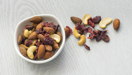 Healthy mix nuts on wooden background. Almonds, hazelnuts, cashews, peanuts, brazilian nuts