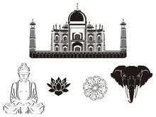 India, City, Illustration, Cartoon, Black, White, Silhouette,  Culture, Black And White, Tag Mahal, Buddha, Lotus, Mandala, Elephant