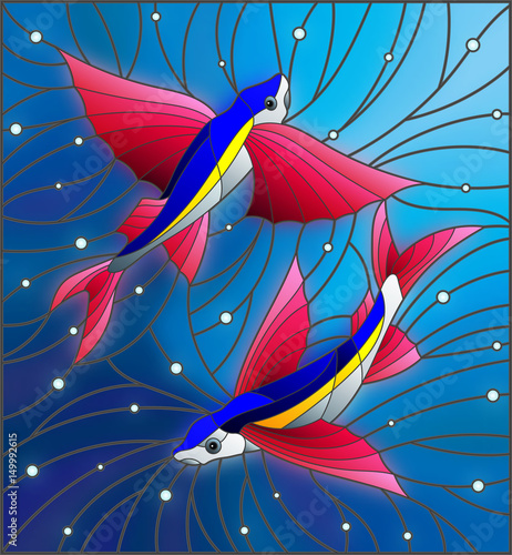 ilustracja-w-stylu-witrazu-z-dwoch-plywajacych-pod-rybami-na-tle-pecherzykow