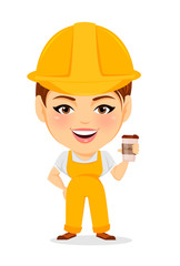 Canvas Print - Builder woman. Funny female worker with big head holding coffee while coffee-break. Humorous cartoon character repairer. Vector illustration.