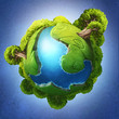 Digital illustration of a tiny little planet with green shores and seas
