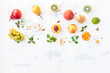 Fresh fruits on white background. Flat lay, top view, copy space