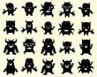 Set of funny halloween monsters in black silhouette