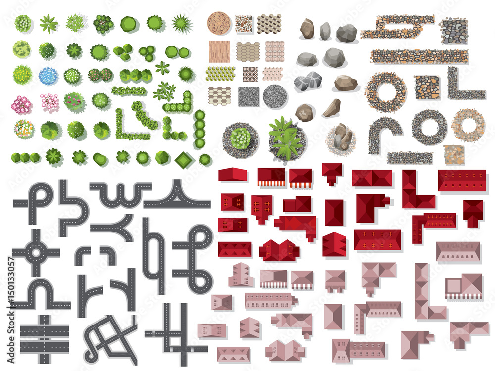 Collection for landscape,tree top view, stone floor texture, road plan ...