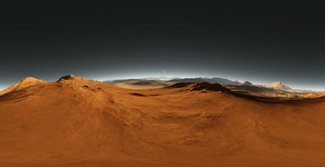 Wall Mural - Panorama of Mars sunset, environment HDRI map. Equirectangular projection, spherical panorama. Martian landscape, 3d rendering