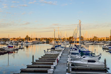 Many Boats On Marina During Sunrise In Oxnard, California