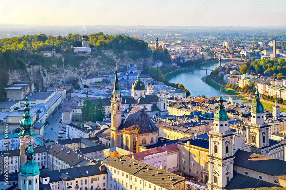 Aerial view of the historic city of Salzburg in beautiful evenin - obrazy, fototapety, plakaty 