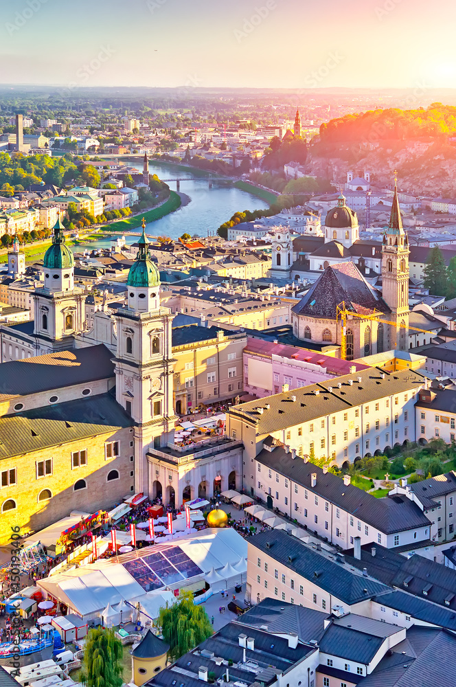Aerial view of the historic city of Salzburg at sunset, Salzburg - obrazy, fototapety, plakaty 