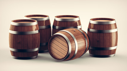 Wall Mural - Set of wooden barrels, collection of standing and lying beer, wine and rum wooden barrels.