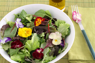 Edible flowers in fresh salad