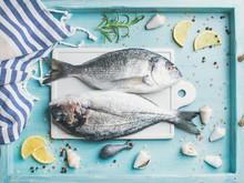 Fresh Sea Bream Or Dorado Raw Uncooked Fish With Seasoning On White Board Over Turquoise Blue Tray Background, Top View