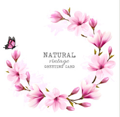 Poster - Natural vintage greeting card with pink magnolia. Vector.