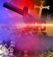 Wall Mural - Wooden cross against the sky with shining rays and futuristic elements  in background