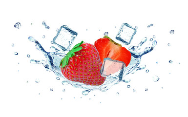 Wall Mural - Strawberry splash water and ice cubes 