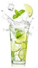 Lime And Mint Falling Into A Cocktail Splashing