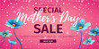 Template designt discount banner for happy mother's day. Horizontal poster for special mother's day sale with blue nature, flower decoration.  Square layout on pink background. Vector.