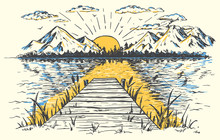 Rising Sun On The Lake, Landscape With A Bridge. Hand-drawn Vintage Illustration. Sketch In Retro Style