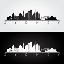 Sydney Skyline And Landmarks Silhouette, Black And White Design.