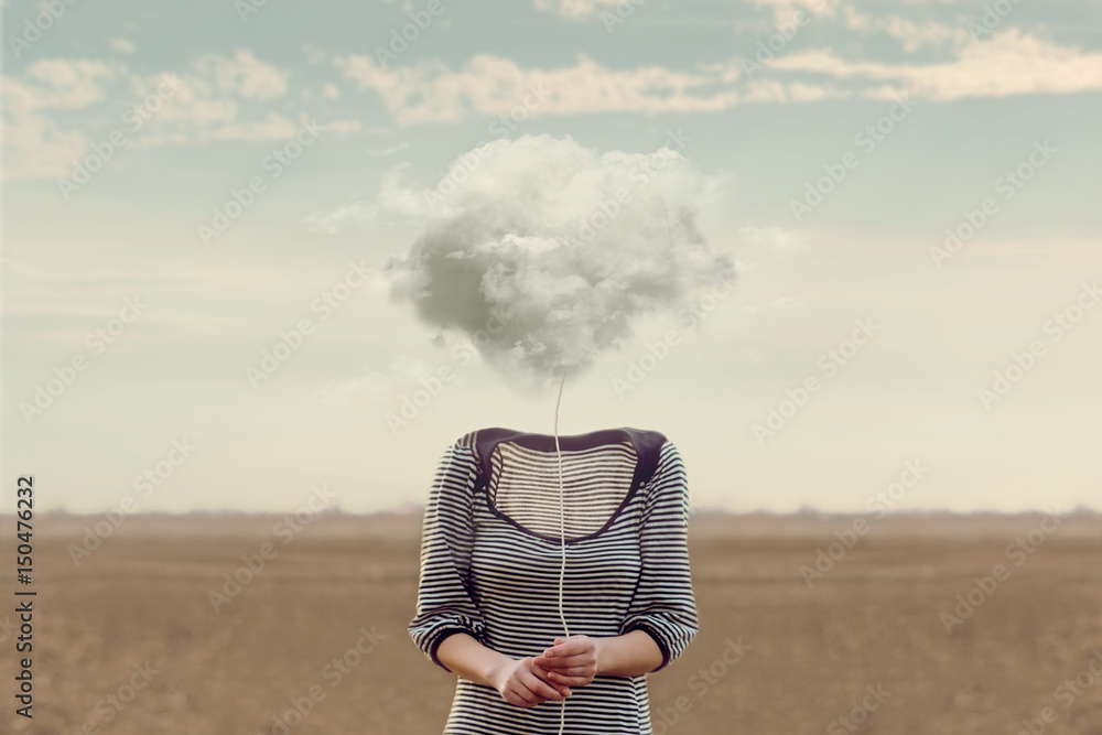 Woman's head hidden by a soft cloud - obrazy, fototapety, plakaty 