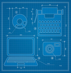 Blueprint plan outline draft personal computer set. Drawing plan layout of industrial and household items for creativity, writing and design
