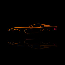 Orange Sport Car Silhouette With Reflection On Black Background. 