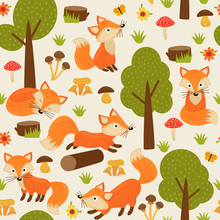 Seamless Pattern With Fox In Forest - Vector Illustration, Eps