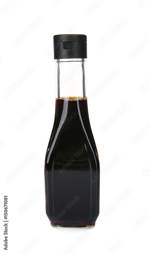 Bottle with soy sauce on white background