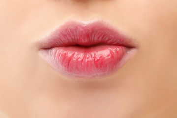 Wall Mural - Lips of beautiful young woman, closeup