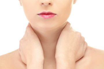 Wall Mural - Beautiful young woman on white background, closeup