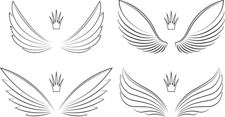 Wall Mural - Set of four pairs of wings with crowns. Vector illustration.