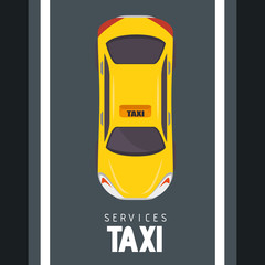 Wall Mural - Seen from above, a yellow taxi cab and a street over black background. Vector illustration.