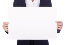 Business Woman Holding A Blank Paper Sheet Isolated On White