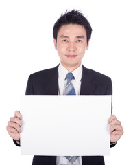 business man holding a blank paper sheet isolated on white