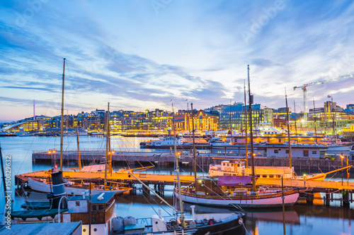 Oslo city, Oslo port with boats and yachts at twilight in Norway Canvas Print