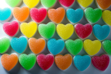 Wall Mural - Heart candies coated with sugar, heart colorful sweet candies, sugar heart shaped candy