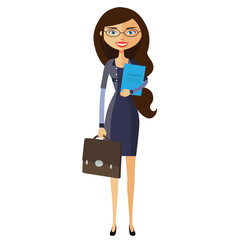 Banker or worker lady with glasses and briefcase flat cartoon vector illustration