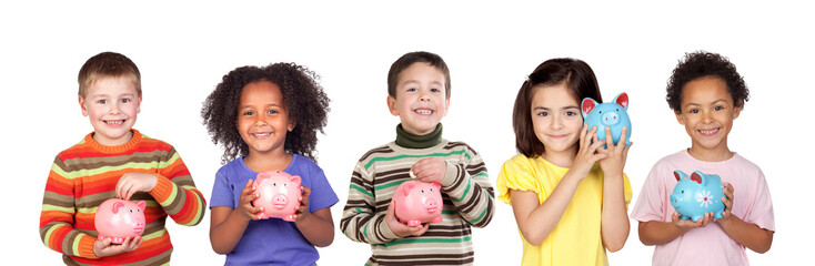 Canvas Print - Children saving with their piggy bank