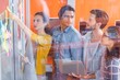 © WavebreakMediaMicro - Executives discussing over sticky notes on glass wall