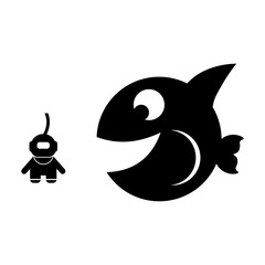 Pictogram shark with diver icon. Black icon on white background.