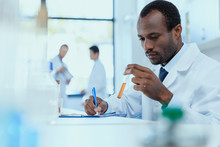 African American Scientist In White Coat Holding And Examining Test Tube With Reagent, Laboratory Researcher Concept