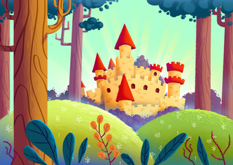 Wall Mural - Beautiful Castle in the Forest. Video Game's Digital CG Artwork, Concept Illustration, Realistic Cartoon Style Background
