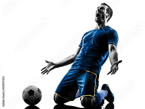 Naklejka na meble one caucasian soccer player man happy celebration in silhouette isolated on white background