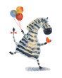 Zebra with balloons and heart. Watercolor illustration. Hand drawing