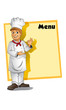 Man restaurant chef cook with menu board vector illustration. Chef with menu board for restaurant design in cartoon style.